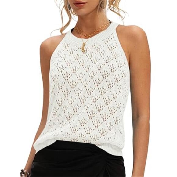 White Crochet Tank Top Sleeveless Hollow Knit Sweater Vest Boho Spring Shirt - Picture 2 of 5